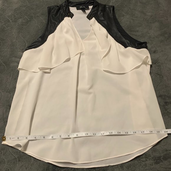 BCX | Sleeveless White Ruffle Blouse w/ Black Pleather Detailing | M - Picture 7 of 8